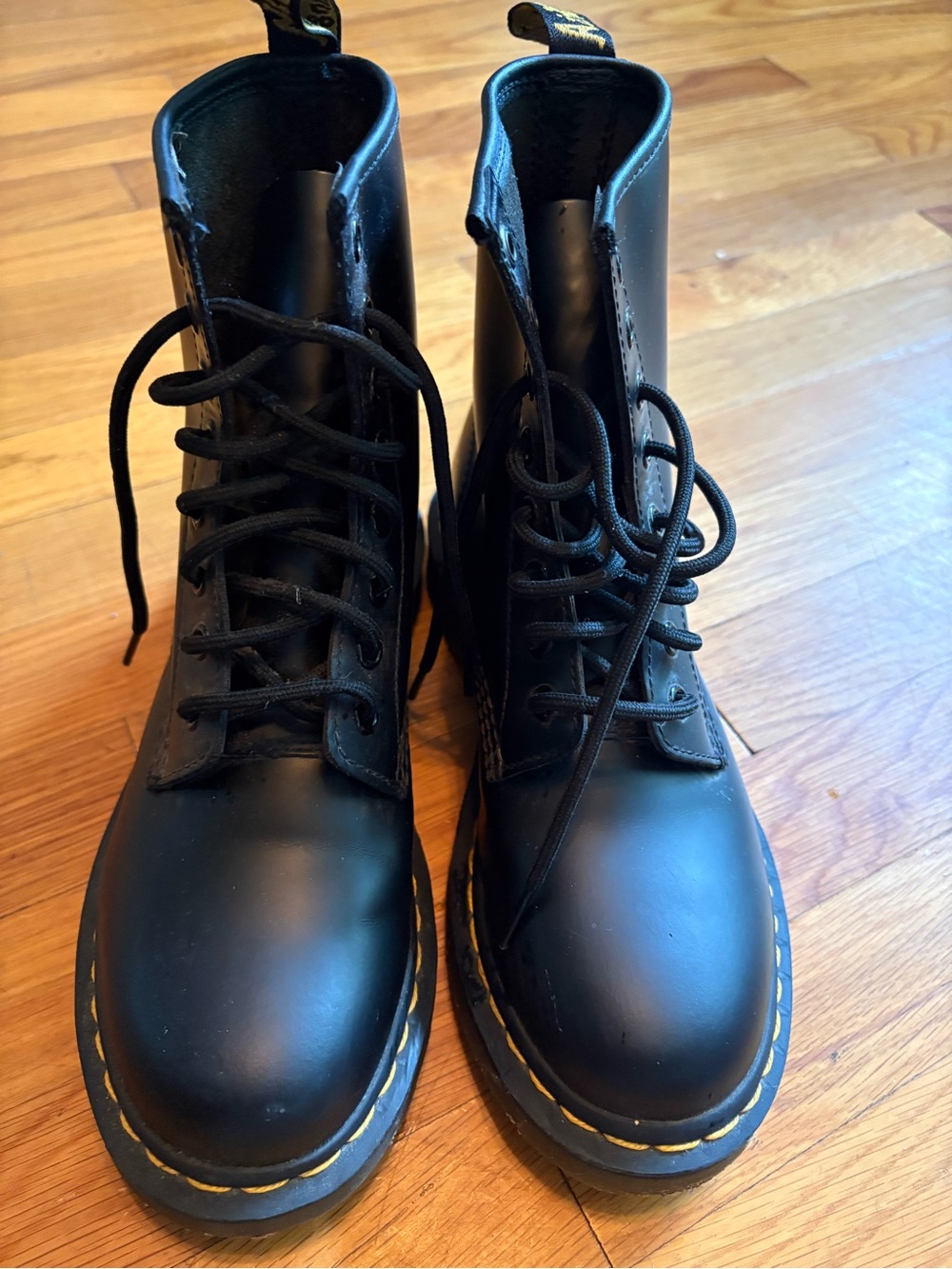 Dr. Martens Black Leather Lace-Up Combat Boots with Yellow Stitching
